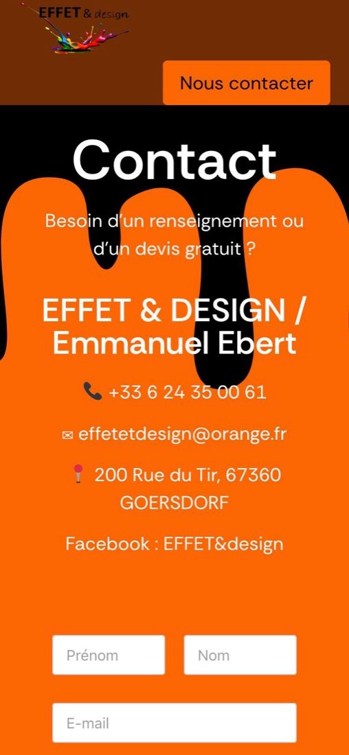 Section contact sur fond orange : téléphone, email, adresse à Gœrsdorf et début du formulaire de devis.