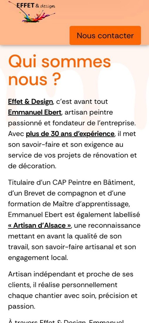 Section Qui sommes-nous : présentation d'Emmanuel Ebert, son expérience et son label Artisan d'Alsace.