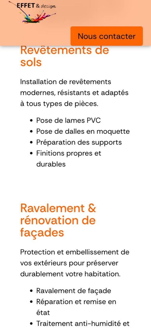 Section services : revêtements de sols, puis ravalement et rénovation de façades, avec la liste des prestations.